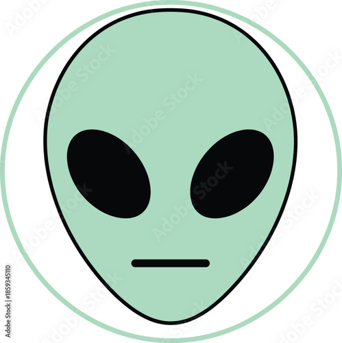 Alien face icon with oval head and black eyes inside circular frame representing extraterrestrial science fiction and mystery concept