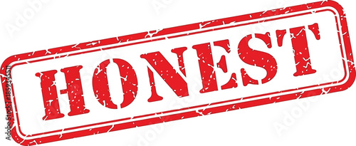A distressed red rubber stamp boldly proclaiming the word honest against a clean white background