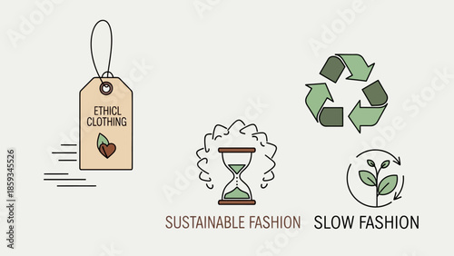 Sustainable and Slow Fashion Icons Representing Ethical Clothing, Time, and Growth
