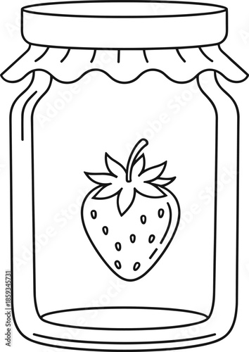 Strawberry jam jar outline illustration with fruit label in simple line style for food packaging and homemade preserve design