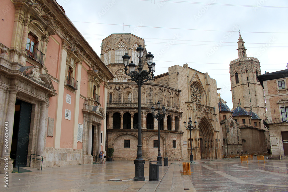 Obraz premium Fountain in Plaza de la Virgen with the pink Basilica , Cathedral, and the government palace in Valencia old town, taken in July 2024.