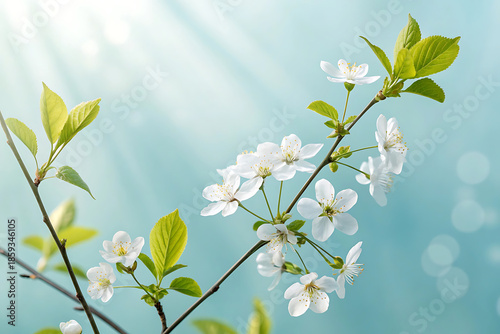 Soft White Spring Blossoms on Pastel Blue Background