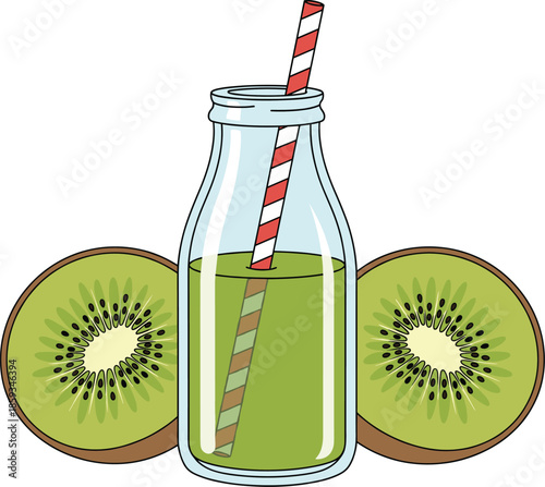 Fresh kiwi smoothie juice bottle with straw and sliced kiwi fruits illustration for healthy drink nutrition and detox design