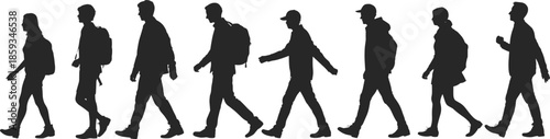 Silhouettes of eight diverse people walking side by side in casual clothing, symbolizing travel, commute, lifestyle and human movement