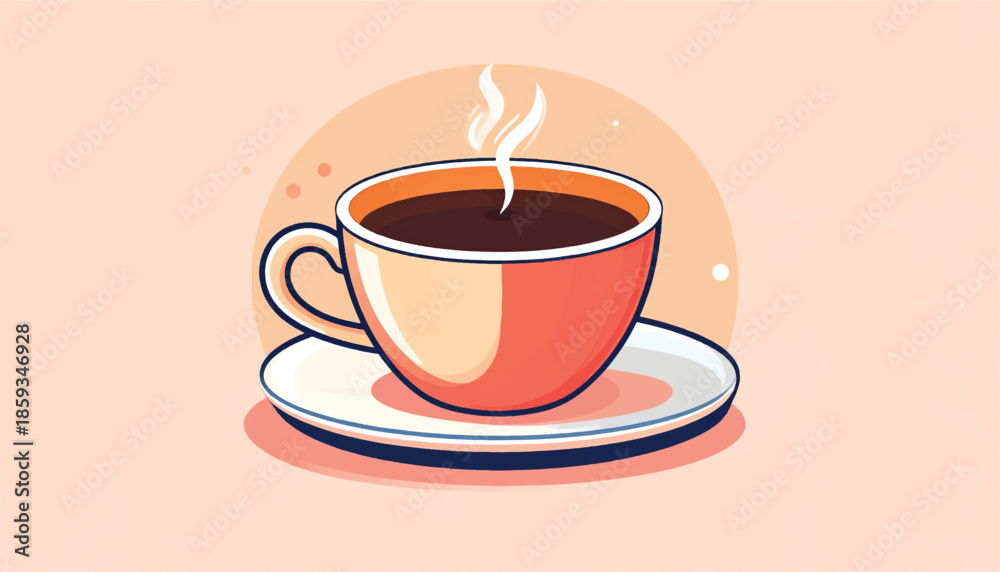 Obraz premium A steaming cup of coffee on a saucer, simple illustration.