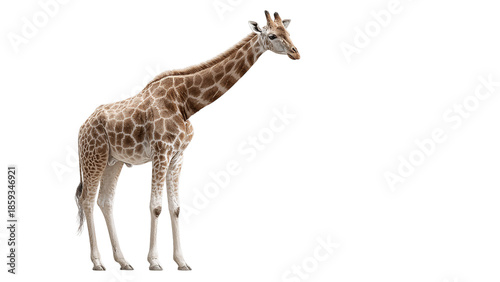 A majestic adult giraffe standing gracefully against a plain background, showcasing its distinctive spotted coat on a transparent background.