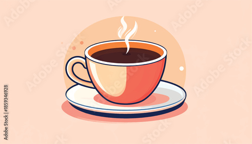 A steaming cup of coffee on a saucer, simple illustration.
