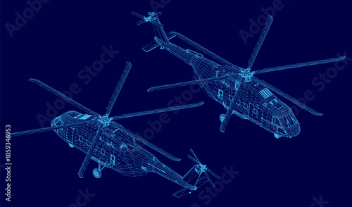 A detailed 3D wireframe model of a military helicopter floats on a solid blue background, revealing its complex internal structure and mechanical blueprint. Isometric view