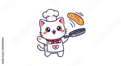 Cute cartoon cat chef flipping a pancake in a pan with a chef's hat and apron, playful and whimsical illustration