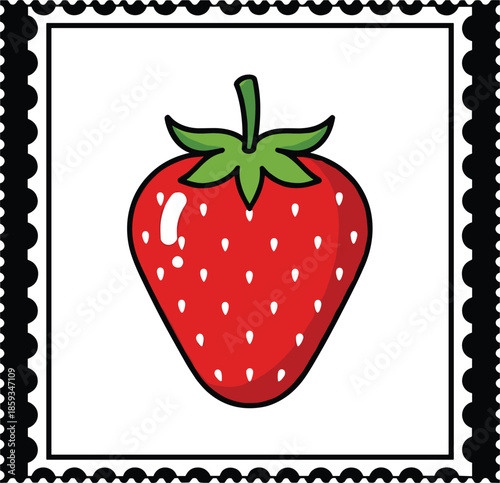Strawberry fruit illustration inside decorative postage stamp frame in cartoon style for food packaging labels stickers and retro design