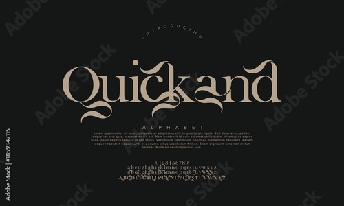 Luxury wedding alphabet letters font with tails. Typography elegant classic lettering serif fonts and number decorative vintage retro concept for logo branding. vector illustration