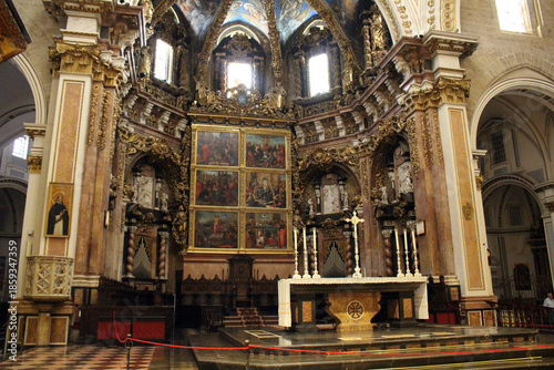 Altar and tabernacle of Valencia Cathedral, featuring historic Gothic and Baroque religious architecture, taken in July 2024.