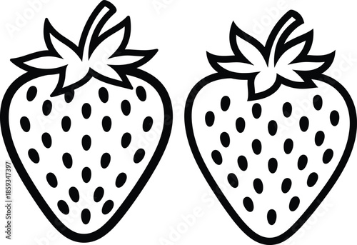 Black and white strawberry fruit outline icons set with simple line style for food labels logos and minimal design