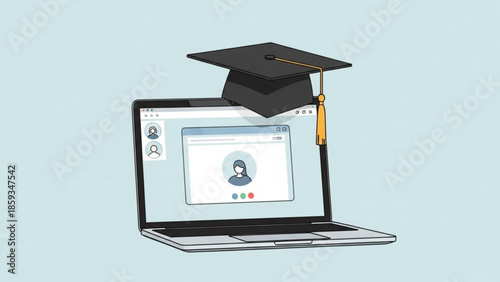 E learning platform on laptop with graduation cap symbolizing online education and digital learning