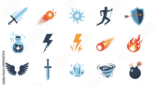 Diverse Collection of Fantasy Game Icons Featuring Weapons Magic Spells and Combat Elements.