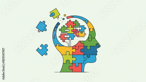 A creative colorful puzzle pieces forming a human head with some pieces falling off representing problem solving and mental health