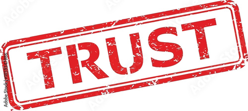 A rectangular red stamp displaying the word trust in bold uppercase letters isolated on a plain white background