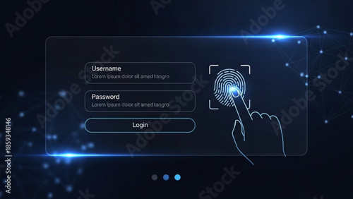 Secure login interface with fingerprint scan on futuristic digital background for cybersecurity and technology concepts