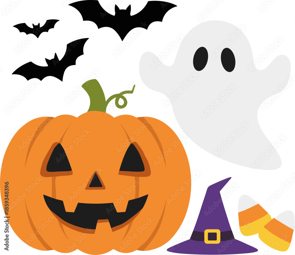Naklejka premium Simple Flat Halloween Icon Set with Pumpkin Ghost Bat and Candy Corn