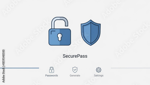 Secure password management interface with padlock and shield icons on white background for cybersecurity and data protection