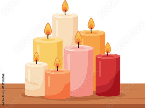 Colorful Flat Design Burning Candle Arrangement on Wooden Surface Still Life