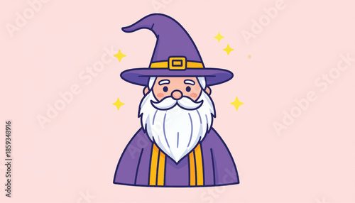 Cartoon Wizard with Purple Hat and White Beard Illustration.