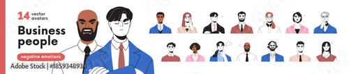 Worried business people avatars set. Troubled professionals with negative emotions. Office workers, employees with angry, sad, stressed face expressions. Flat vector illustration on white background