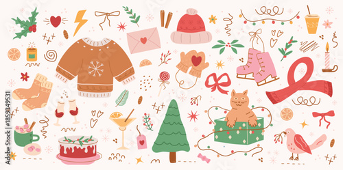 winter pattern, cute illustration.  tree, stars, dots, snow, simple  design. hand drawn doodles are isolated on a pink background. A trend concept for print, banner, poster. vector art