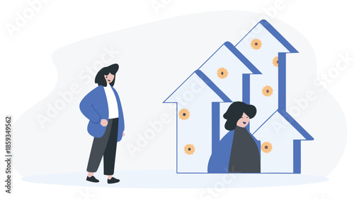 Conceptual illustration of two women standing next to growing house symbols with flowers