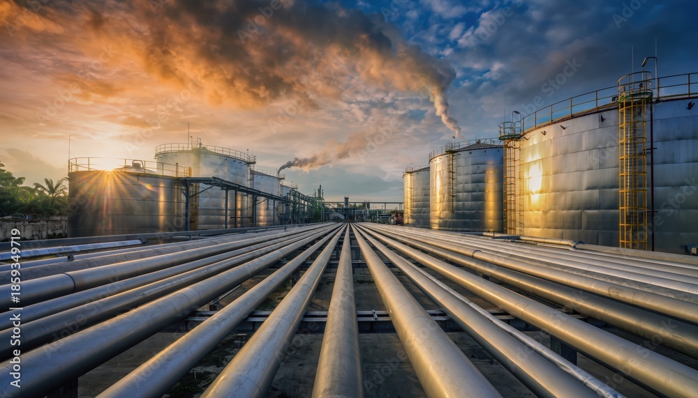 Fototapeta premium Palm Oil Industrial landscape with storage tanks and pipelines at sunset