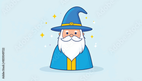 Cartoon Wizard Character with Blue Hat and White Beard Illustration.