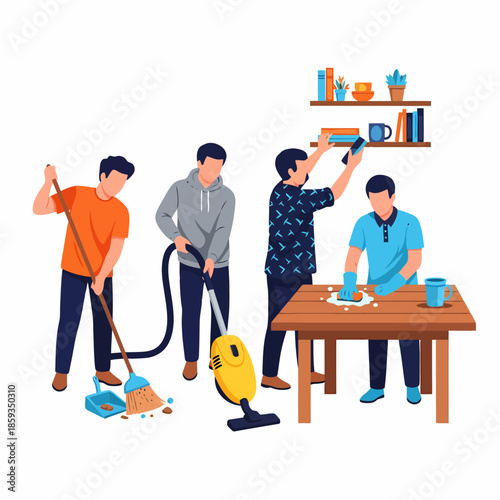 Teamwork Makes the Dream Work Diverse Group Collaborates on Home Cleaning Tasks with Vacuum and Broom