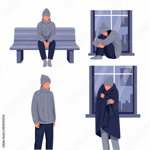 Cold Homeless Person Illustrations Sadness Loneliness Poverty Winter Urban Poverty Urban Isolation Mental Health