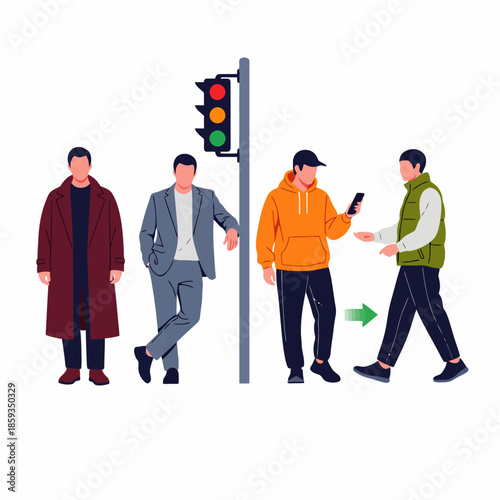 Diverse Group of Men Waiting at a Traffic Light Intersection Engaging in Various Activities and Styles
