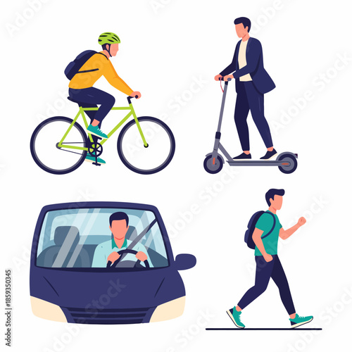 Modern Urban Transportation Options Cycling Electric Scooter Driving and Walking