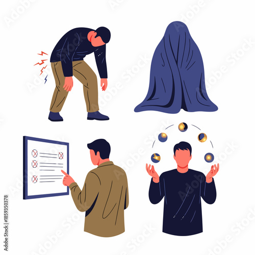 Illustration of common life challenges back pain covering up secrets making lists and juggling tasks