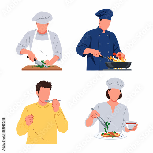 Culinary Professionals Cooking and a Diner Enjoying Food Vector Illustration