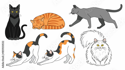 Funny cartoon cat silhouettes vector illustration set