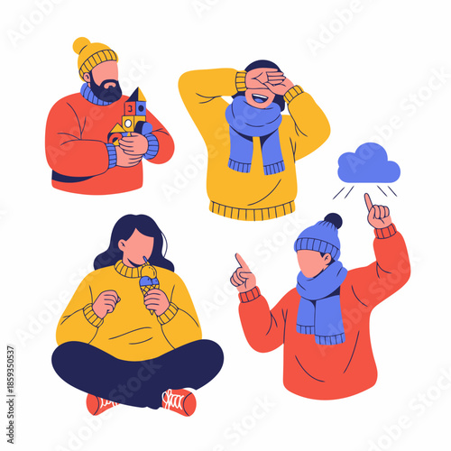 Diverse Group of People Enjoying Winter Activities and Feelings Vector Illustration