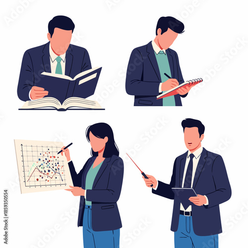 Modern Business Professionals Engaged in Learning Analysis and Presentation Vector Illustration