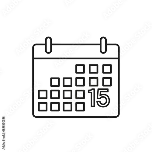 Simple line art icon of a calendar with the 15th day highlighted.