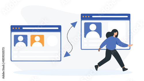 A woman interacts with large browser windows for social media profile migration or synchronization