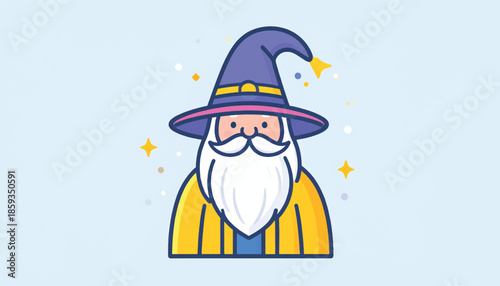 Cartoon Wizard Illustration with Pointed Hat and Long White Beard.