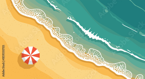 Top down view of a sandy beach meeting clear turquoise ocean water with white foam waves and a red and white striped beach umbrella.