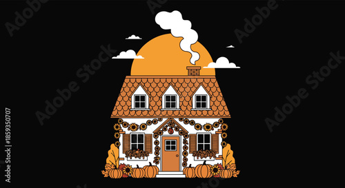 Charming white house decorated for autumn with pumpkins and sunflower garlands under a warm setting sun and white smoke.