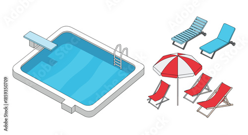 Isometric view of a rectangular swimming pool with a diving board next to colorful lounge chairs and a red striped umbrella.
