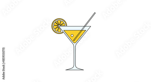 Vibrant martini cocktail glass filled with yellow liquid and an olive, garnished with a fresh lemon slice and a thin straw for serving.