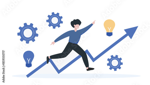 Man stepping on blue arrow graph with gears and lightbulbs, representing business growth and innovation