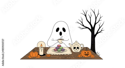 Friendly ghost enjoys a tea party at a wooden table decorated with a skull teapot, macarons, lit candle, and a spooky barren tree.