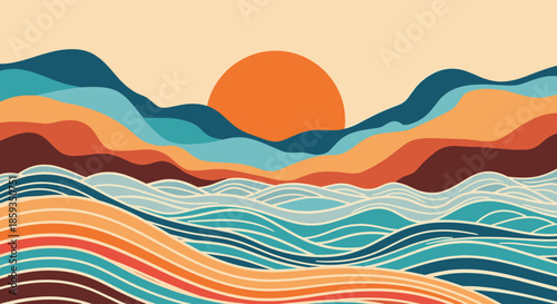 Artistic mountain landscape at sunset featuring vibrant rolling hills and blue ocean waves depicted in a flat graphic illustration style.